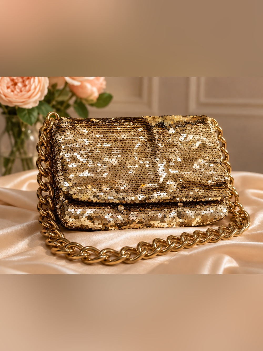 Zara Gold Sequin Chain Shoulder Clutch